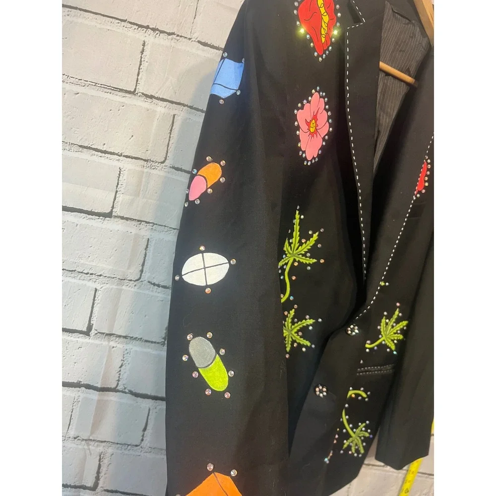 OOAK Hand Painted Wool Blazer 44R Rhinestone Cannabis Cross Wearable Art